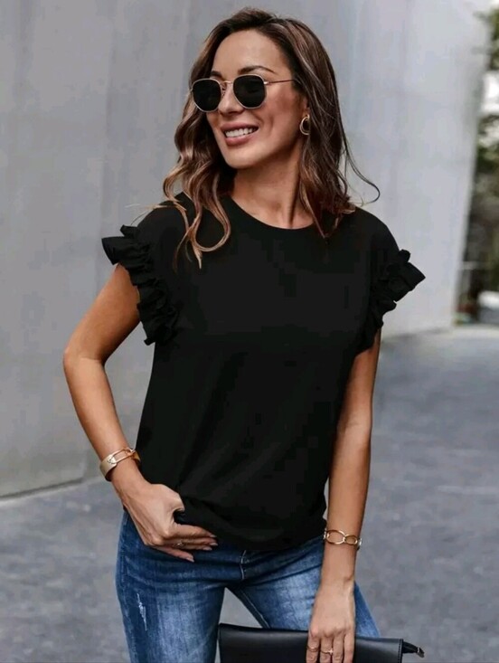 SHEIN Tops - Women Solid Black Ruffle Short Sleeve Crewneck Relax Fit Top Size Medium Casual